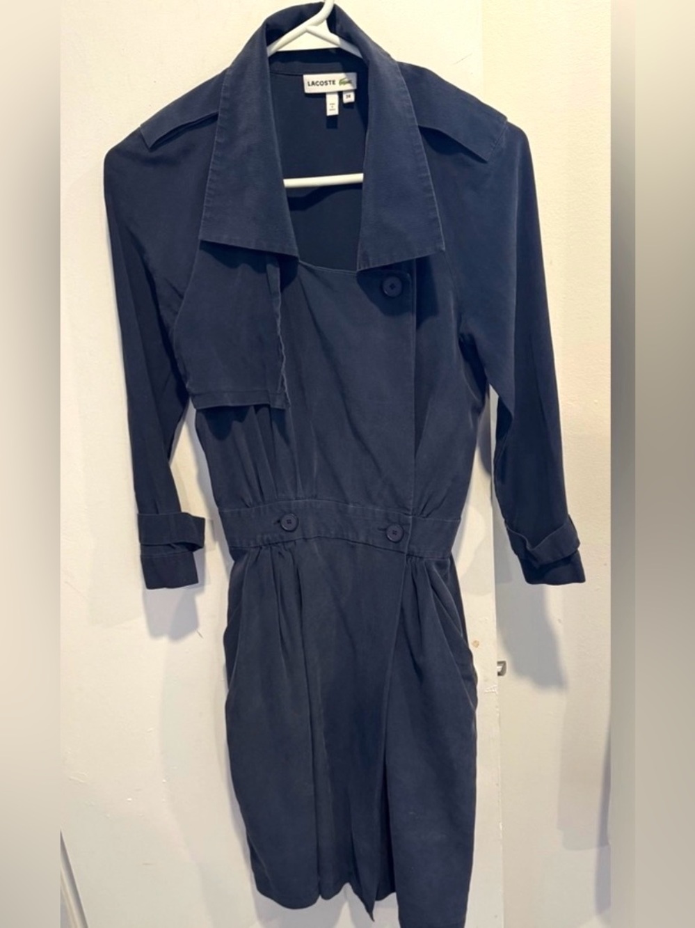 Lacoste 💯 silk trench wrap mini dress sleeves navy party office street XXS 34